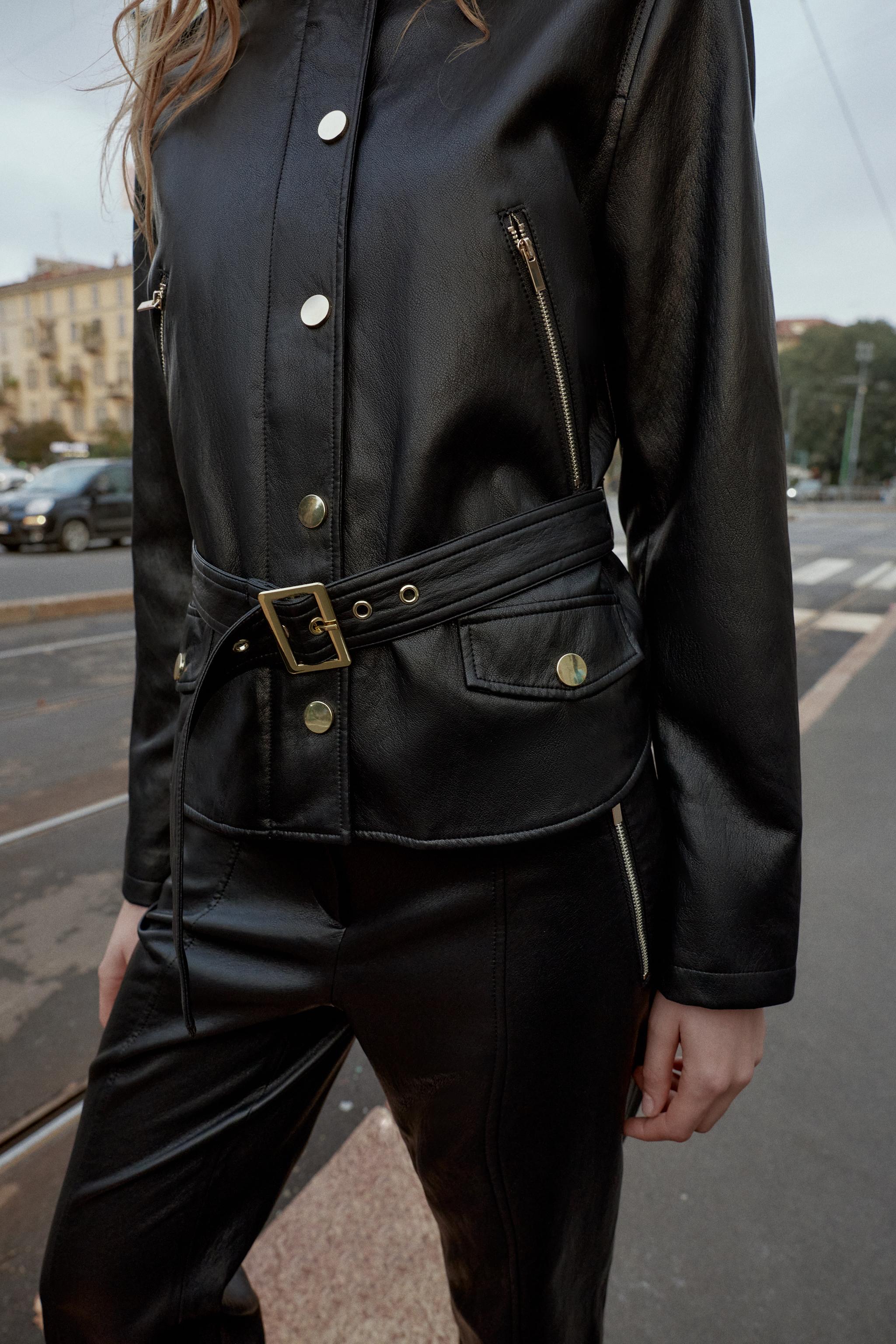 FAUX LEATHER BELTED JACKET